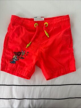 Kids Neon Coral Swim Trunks with Contrast Drawstring